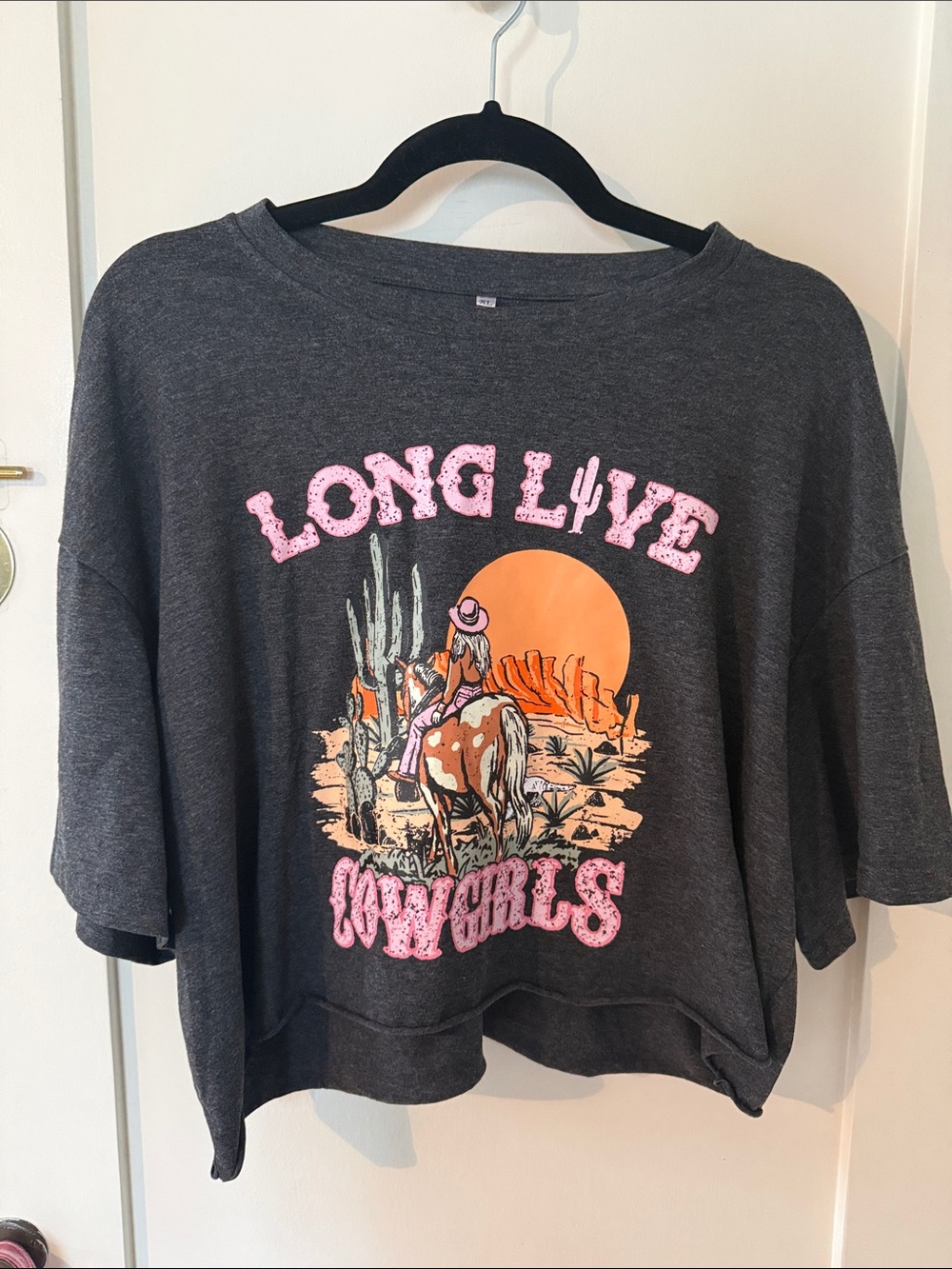 Long Live Cowgirls Graphic Tee - Charcoal with Pink & Orange